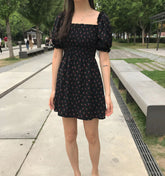 Square Collar Floral Chiffon Dress